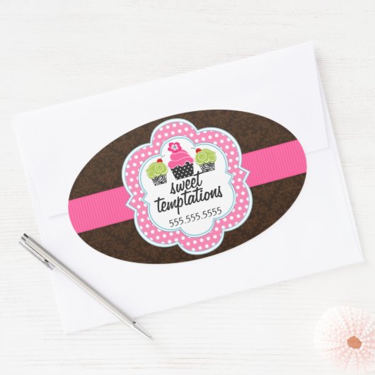 Damask Cupcake Bakkerij Business Ovale Sticker (Envelop)