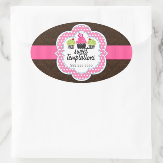 Damask Cupcake Bakkerij Business Ovale Sticker (Tas)