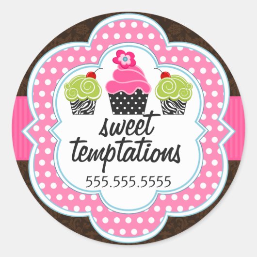 Damask Cupcake Bakkerij Business Ronde Sticker (Voorkant)