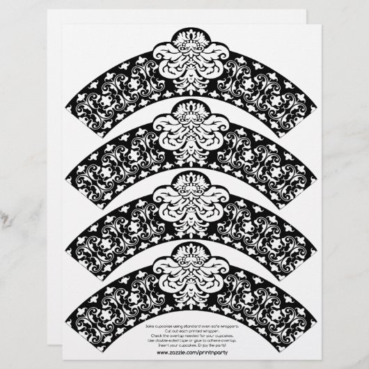 Damask Cupcake Wrapper White op Black (Voorkant / Achterkant)