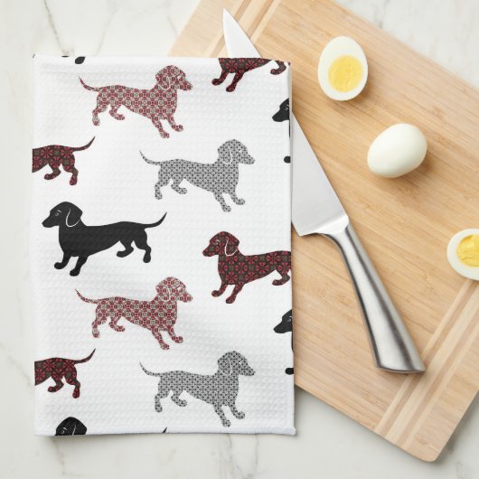Damask Dackel Cute Dachshunds Theedoek (Quarter Fold)