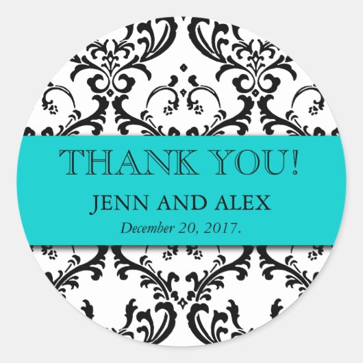 Damask Dank u Trouwstickers Favorieten Aqua Ronde Sticker (Voorkant)