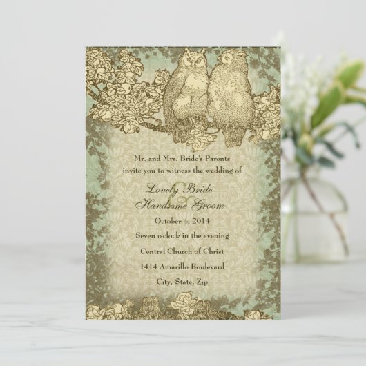 Damask de heer en Mrs Owl Wedding Invitation Kaart (Staand voorkant)