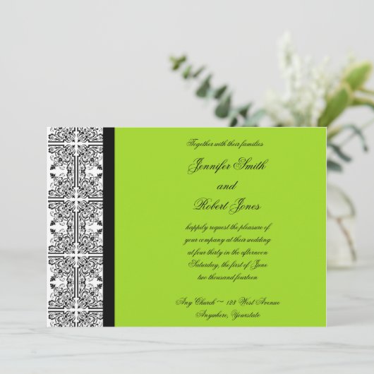 Damask Delight in Lime Green bruiloft uitnodiging (Staand voorkant)