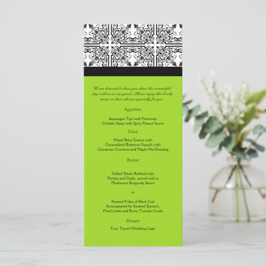 Damask Delight in Lime Green Wedding Menu (Staand voorkant)
