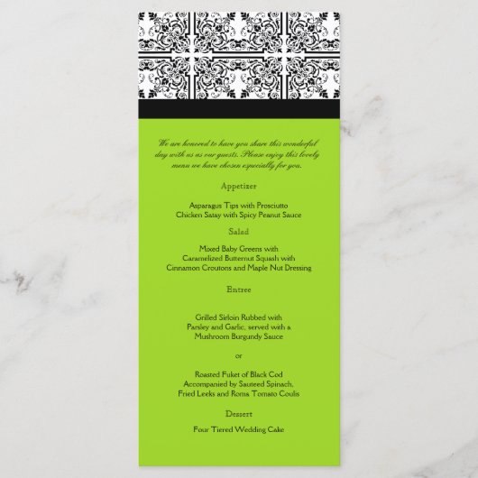 Damask Delight in Lime Green Wedding Menu (Voorkant)