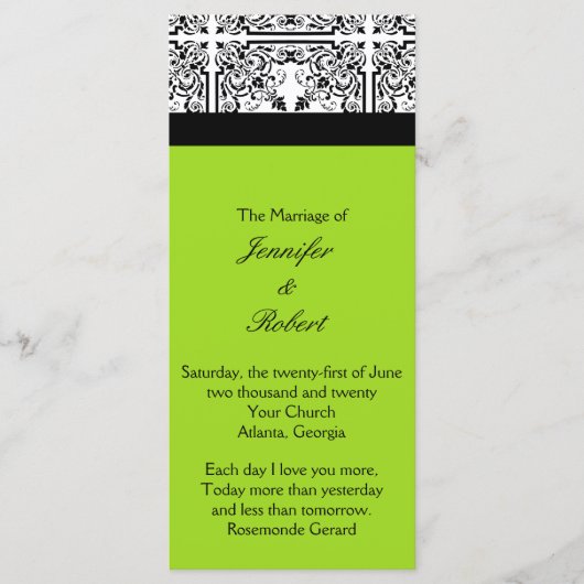 Damask Delight in Lime Green Wedding Programma Programmakaart (Voorkant)