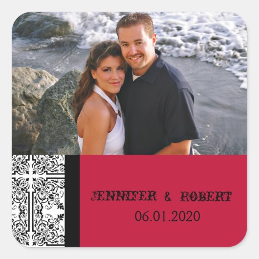 Damask Delight Scarlet Rode bruiloft gunst Sticker (Voorkant)