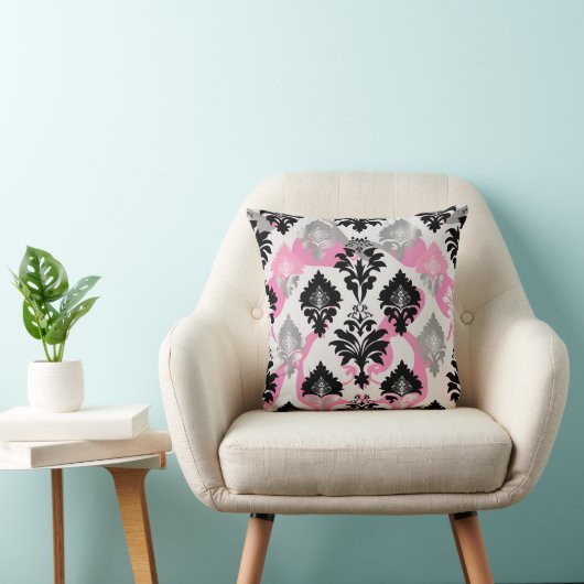 Damask design Pink Black Grey Throw Cushion Kussen (Stoel)