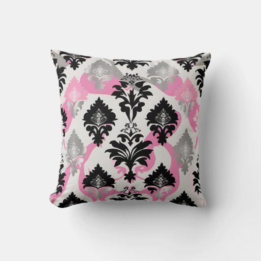 Damask design Pink Black Grey Throw Cushion Kussen (Voorkant)