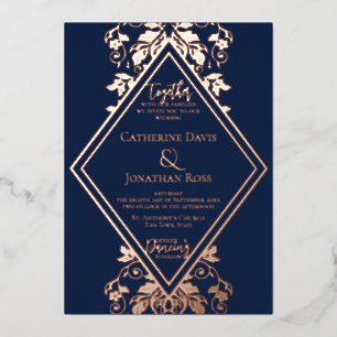 Damask Diamond Navy & Roos Wedding Folie Invitatio Uitnodiging