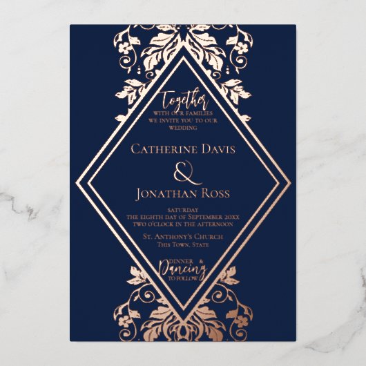 Damask Diamond Navy & Roos Wedding Folie Invitatio Uitnodiging (Voorkant)