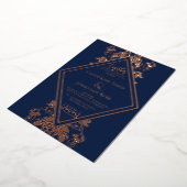 Damask Diamond Navy & Roos Wedding Folie Invitatio Uitnodiging (Gedraaid)