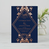 Damask Diamond Navy & Roos Wedding Folie Invitatio Uitnodiging (Staand Voorkant)