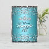 Damask & Diamond Tiara Blue Silver Sweet 16 Invite Kaart (Staand voorkant)