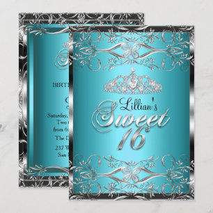 Damask & Diamond Tiara Blue Silver Sweet 16 Invite Kaart