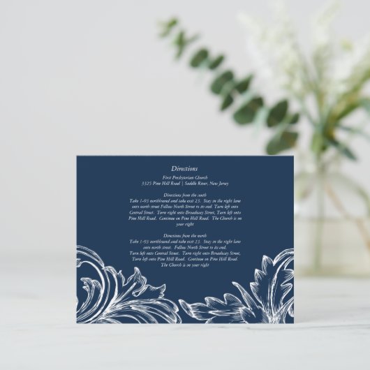  Damask Direction Card Navy Blue & White Informatiekaartje (Staand voorkant)