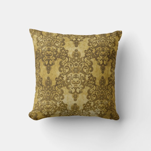 Damask Distress Rustic Donkergeel goud Kussen (Voorkant)