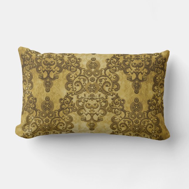 Damask Distress Rustic Donkergeel goud Kussen (Voorkant)