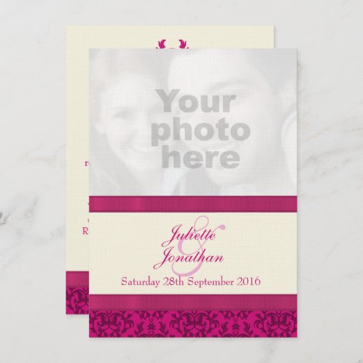 Damask donkerroze & crème bruiloft uitnodiging (Voorkant / Achterkant)