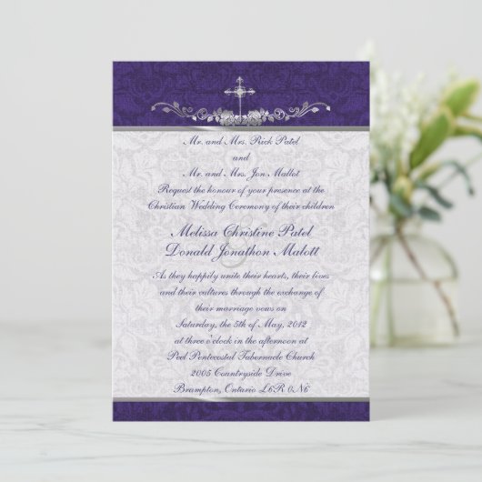 Damask Double Ceremony Wedding Invitation Kaart (Staand voorkant)