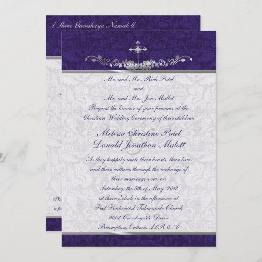Damask Double Ceremony Wedding Invitation Kaart (Voorkant / Achterkant)