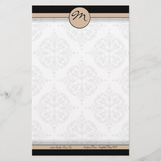 Damask Double Line Beige Monogram briefpapier (Voorkant)