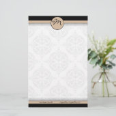 Damask Double Line Beige Monogram briefpapier (Staand voorkant)