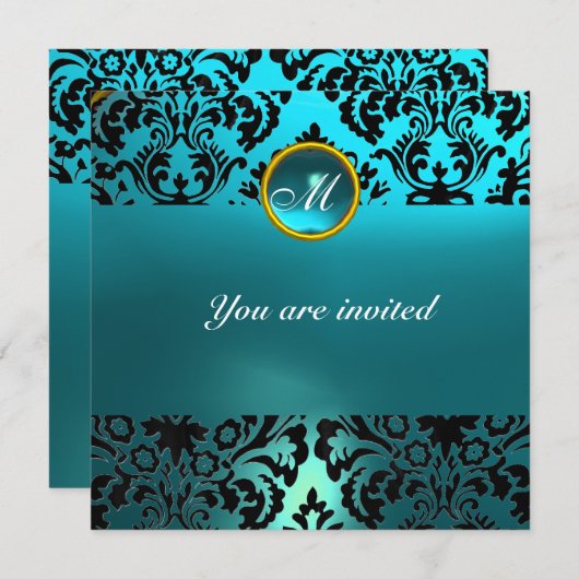 DAMASK EDELE STEEN MONOGRAM blauwe aquamarine Kaart (Voorkant / Achterkant)