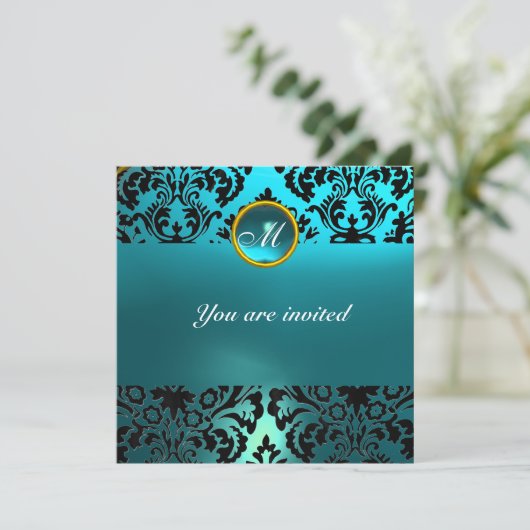 DAMASK EDELE STEEN MONOGRAM blauwe aquamarine Kaart (Staand voorkant)