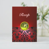 DAMASK EDELE STEEN MONOGRAM Geel Rood Rsvp Kaartje (Staand voorkant)
