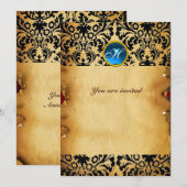 DAMASK EDELE STEEN MONOGRAM perkament blauw Kaart (Voorkant / Achterkant)