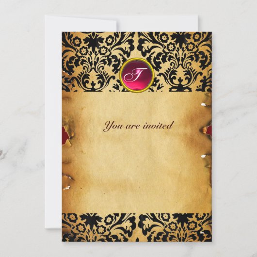 DAMASK EDELE STEEN MONOGRAM perkament rood roze Kaart (Voorkant)