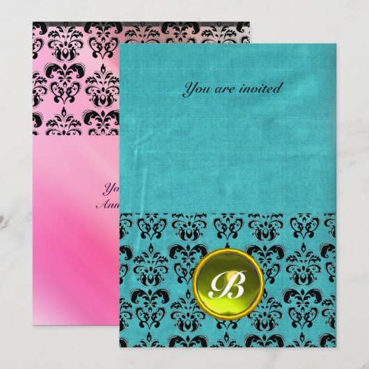 DAMASK EDELE STEEN MONOGRAM zijde blauw roze Kaart (Voorkant / Achterkant)