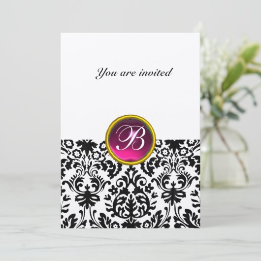 DAMASK EDELGESTEENTE MONOGRAM roze rood fuchsia go Kaart (Staand voorkant)