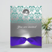 DAMASK EDELSTEEN INITIALEN blauwe lint Kaart (Staand voorkant)