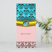 DAMASK EDELSTEEN MONOGRAAM ,blauw turkoois Kaart (Staand voorkant)
