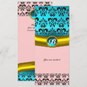 DAMASK EDELSTEEN MONOGRAAM ,blauw turkoois Kaart (Voorkant / Achterkant)