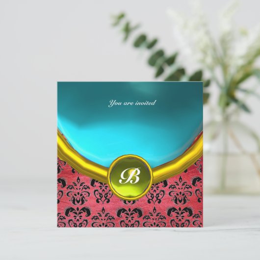 DAMASK EDELSTEEN MONOGRAAM paarse zijde blauw Kaart (Staand voorkant)