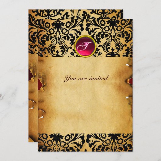 DAMASK EDELSTEEN MONOGRAAM perkament rood roze Kaart (Voorkant / Achterkant)