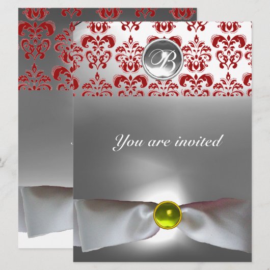 DAMASK EDELSTEEN MONOGRAM witte lint grijs rood Kaart (Voorkant / Achterkant)