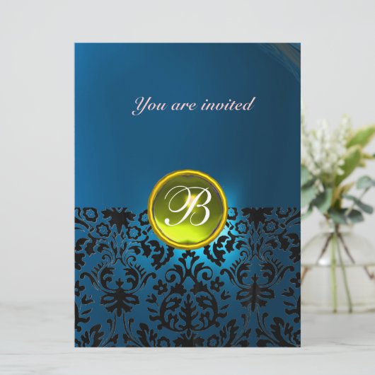 DAMASK EDELSTEEN STENEN MONOGRAM geel blauw Kaart (Staand voorkant)