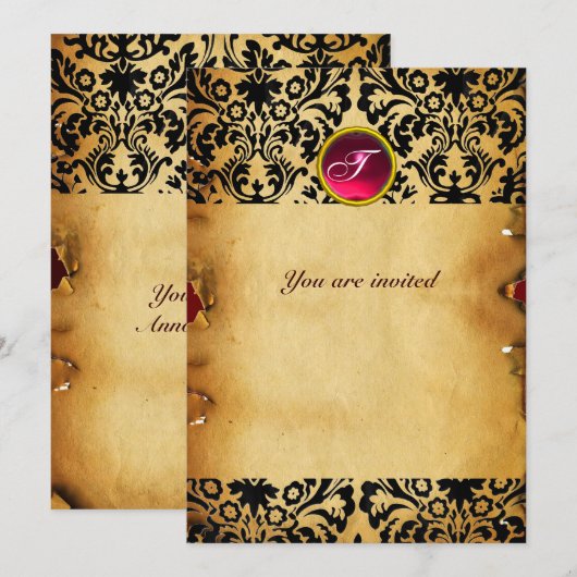 DAMASK EDELSTEEN STENEN MONOGRAM perkament rood ro Kaart (Voorkant / Achterkant)