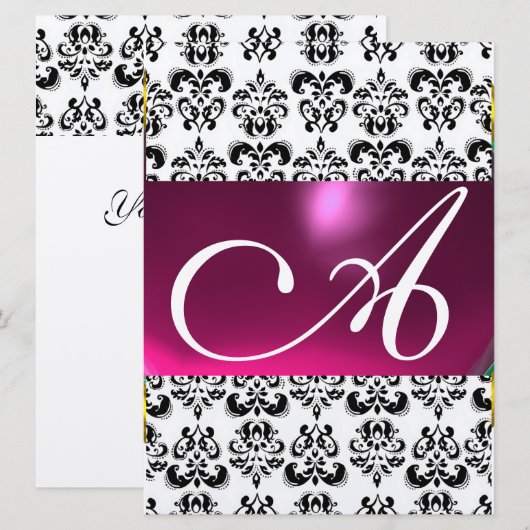 DAMASK EDMONTON MONOGRAM paars roze zwart wit zilv Kaart (Voorkant / Achterkant)