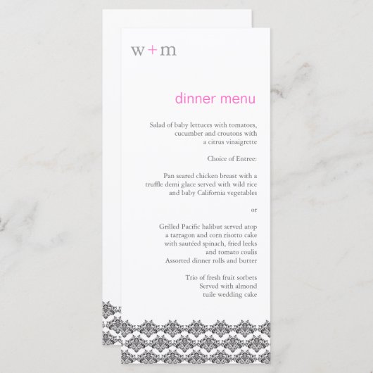 Damask Eenvoud Grijs Roze Trouwmenu Menu (Voorkant / Achterkant)