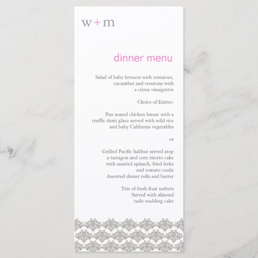 Damask Eenvoud Taupe Roze bruiloft Menu (Voorkant)