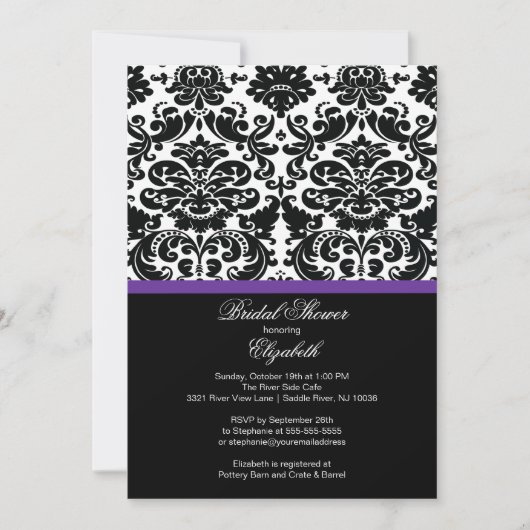 Damask Eggplant Paarse Bridal Shower Invitation Kaart (Voorkant)