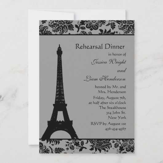 Damask Eiffel Tower Rehearsal Dinner Kaart (Voorkant)