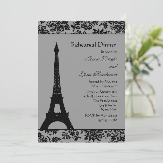 Damask Eiffel Tower Rehearsal Dinner Kaart (Staand voorkant)