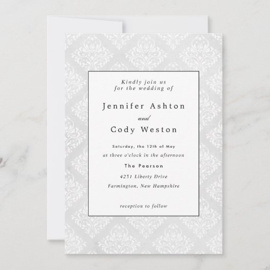 Damask Elegante klassieke witte bruiloft Kaart (Voorkant)
